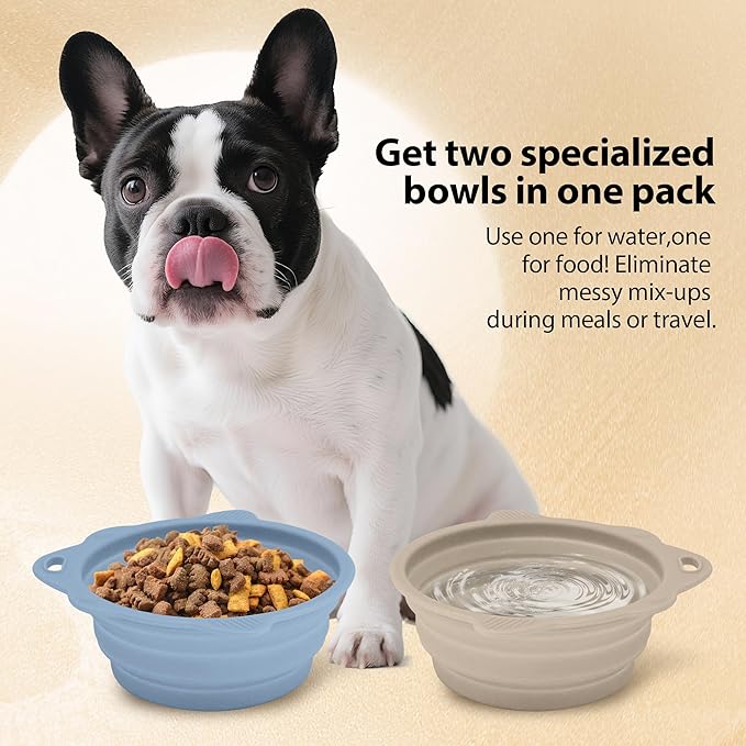 2-Pack Collapsible Silicone Dog Bowl,13oz Portable Pet Food & Water Dish, Travel Bowl with Non-Slip Textured Base (Lick Mat Feature) for Peanut Butter, Yogurt - Foldable Ivory&Blue