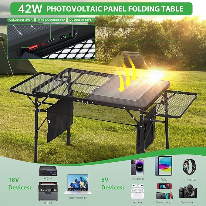 Nice C Camping Table, Ourdoor Grill Table, Tailgate Tables, Solar Panel Tables with USB Type-C&DC Charging Cable, 42W Portable Solar Charger, 2 Side Shelves, with Mesh Net&Cup Holders