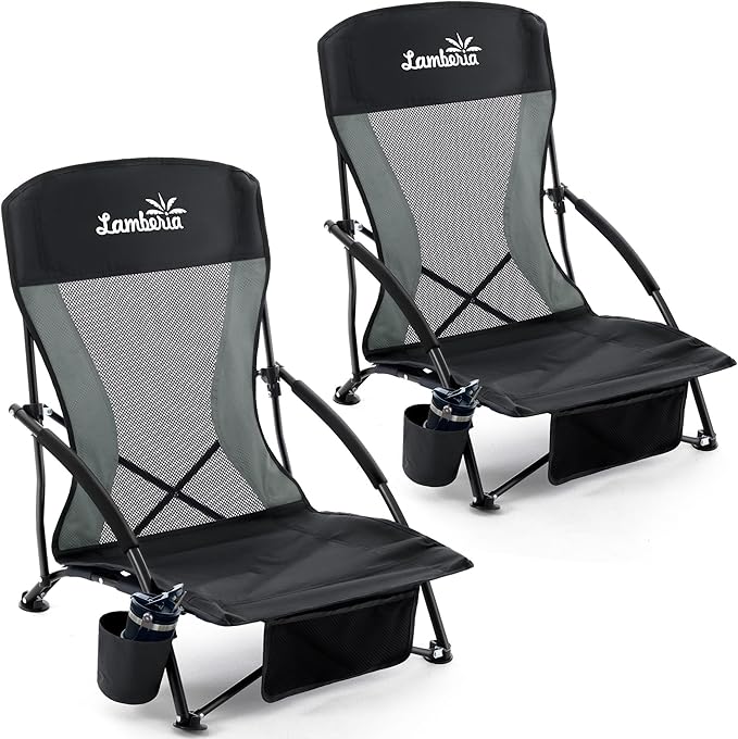 Lamberia Folding Beach Chair for Adults 2 Pack, Portable Low Beach Chairs with 300lbs Capacity, Lightweight Fodable Camping Chair for Travel, Picnic, Concert & Outdoor Activities, Black-Grey