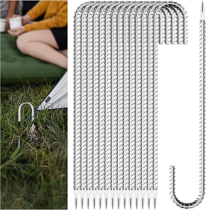 20 Pieces J Hooks Rebar Metal Tent Stakes 16 Inch Galvanized Ground Anchors Yard Stakes for Landscape Fabric Artificial Turf Heavy Duty Anti Rust for Outdoor Lawn Decorations Inflatables Swing Set