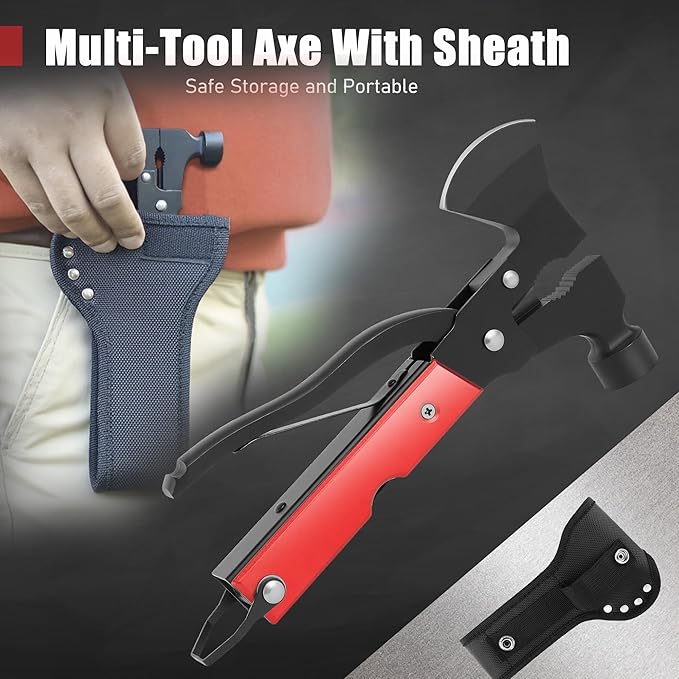 14-In-1 Multitool Camping Hammer - Survival Gear with Axe, Knife, Screwdriver, Pleirs, Saw, Bottle Opener and More -Portable Outdoor Tool Gift with Nylon Sheath for Men & Dad