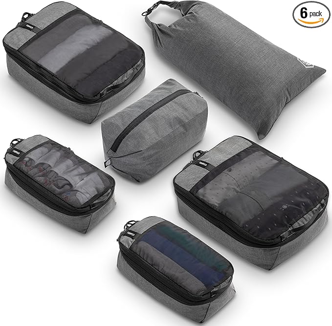 Premium Compression Packing Cubes for Travel, Compression Packaging Cube, Zip Bags Premium 6-Piece Set with laundry bag and shoe bag by TRIPPED Travel Gear (Grey Mesh)