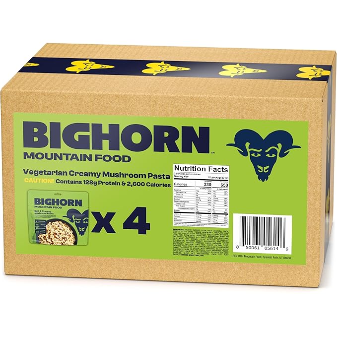 BIGHORN Mountain Food Vegetarian Creamy Mushroom Pasta - contains 4 packs | 8 servings | 128g Protein | 2,600 Calories - premium freeze dried meals for backpacking food - vegetarian backpacking meal - ideal camping meals just add water - great taste