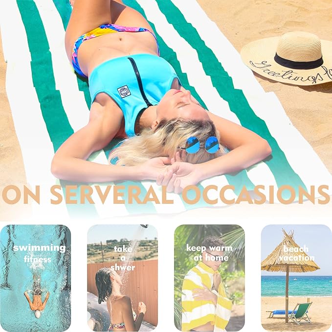 Exclusivo Mezcla 2 Pack Cotton Large 30x60 Inches Cabana Stripe Beach Towels, Super Absorbent Soft Plush Pool Bath Towel (Turquoise)