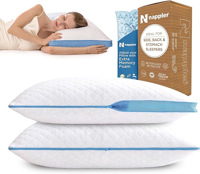 Side and Back Sleeper Pillow for Neck and Shoulder Pain Relief-Shredded Memory Foam Bed Pillow for Sleeping - 100% Adjustable Fill - Queen Size - Set of 2 - Washable Case. Extra Fill Included
