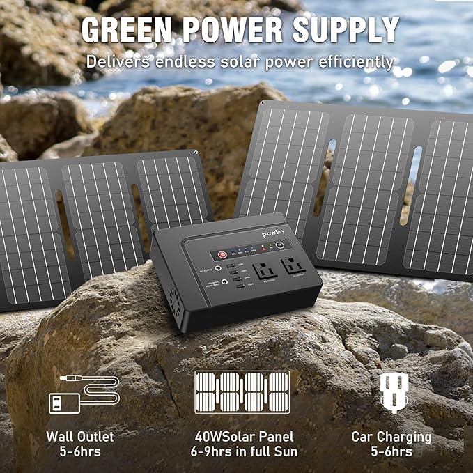 Powkey Solar Generator with Panel,200W Portable Power Station with Solar Panel 40W, 110V Pure Sine Wave DC/USB/AC Outlet Electric Generator Battery Backup for Outdoor Camping Emergency Home