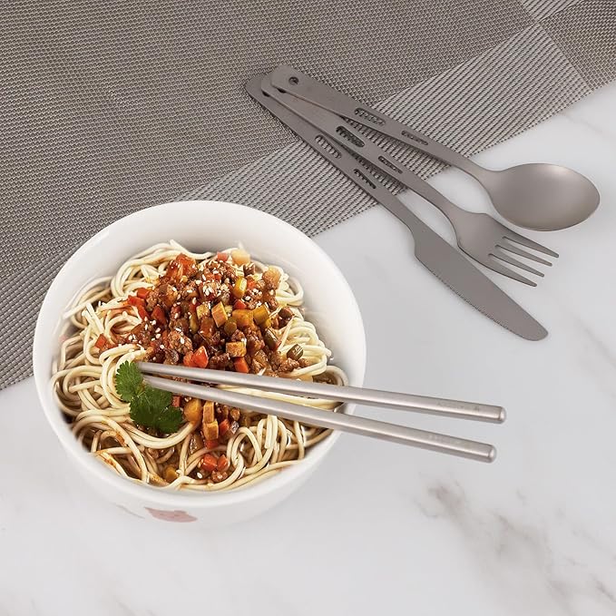 Pure Titanium Utility Cutlery Set, Portable tableware titanium utensil set with case, Pure Titanium Table Spoon Fork Chopsticks Knife set for Outdoor Travel Camping Backpacking (Total 5 PCS)