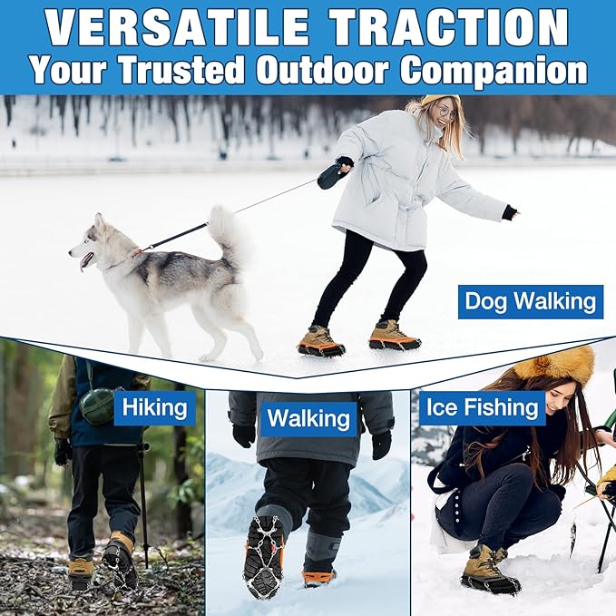 ZeeDix Crampons for Shoes, 10-Spike Stainless Steel Ice Cleats for Shoes and Boots, Slip-Resistant Shoe Spikes Traction Grips for Walking Hiking Jogging Fishing and Daily Outdoor Adventures