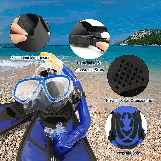 Kids Mask Fins Snorkel Set Snorkeling Packages, with Diving Mask, Snorkel, Adjustable Swim Fins, Mesh Bag, Anti-Fog Anti-Leak Snorkeling Gear for Kids for Snorkeling Swimming Diving