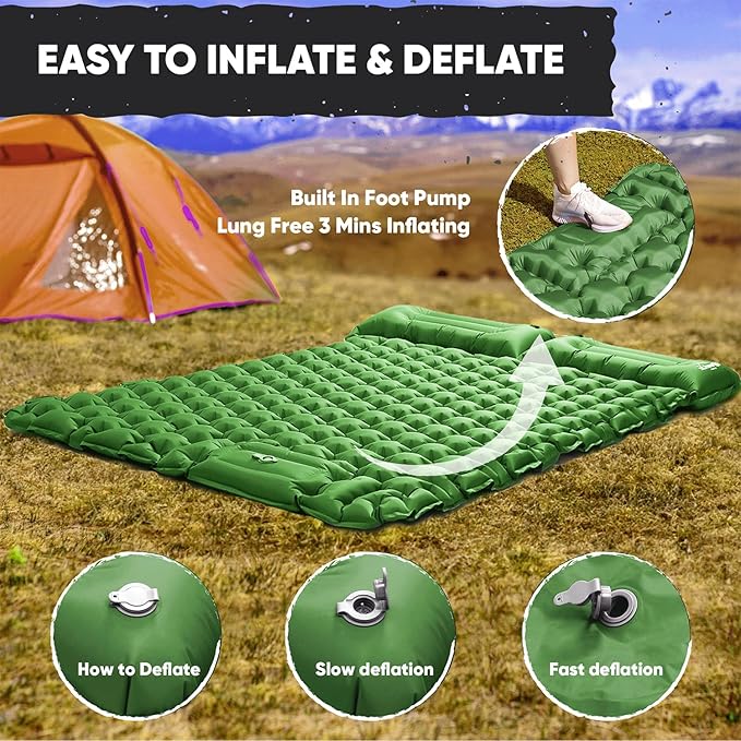 POWERLIX Double Camping Sleeping Pad Camping Pad for 2 Person with Pillow Built-in Foot Pump Inflatable Sleeping Pad for Camping, Backpacking, Hiking, Portable Camping Mattress Green