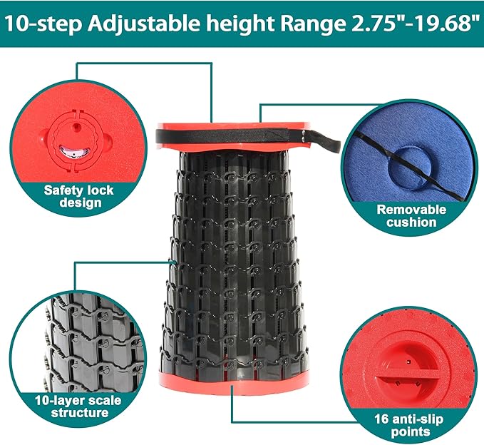 ALEVMOOM Upgraded XXL 50 Portable Collapsible Stool with Cushion,Telescoping Folding Stool for Adults,Yet More Sturdy Camping Stool with Load Capacity 1000lbs,for Outdoor Garden Hiking BBQ Red