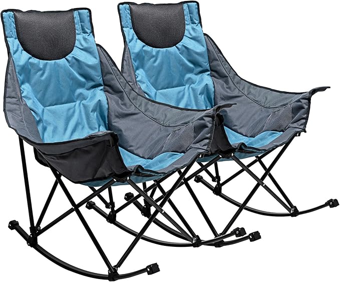 SUNNYFEEL Rocking Camping Chair, Luxury Padded Recliner, Oversized Folding Lawn Chair with Pocket, Heavy Duty for Outdoor/Picnic/Lounge/Patio, Portable Camp Rocker Chairs with Carry Bag