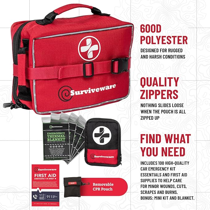 Surviveware 238 Pcs Comprehensive Premium Survival First Aid Kit - Medical Emergency Kit for Travel Camping Gear, Home Essentials & Outdoor Emergencies - Survival Kit