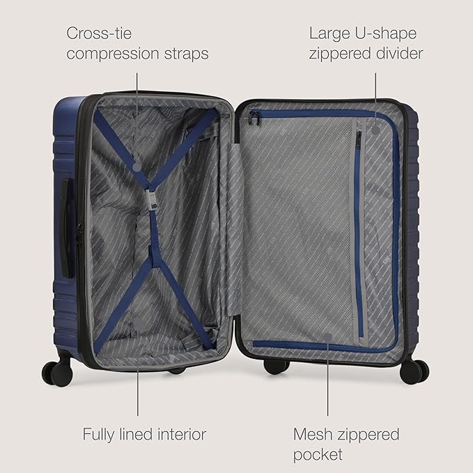 U.S. Traveler Boren Expandable Hardside Rugged Travel Luggage with 8 Spinner Wheels, Navy, Checked-Large 30-Inch