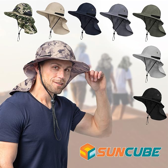 SUN CUBE Sun Hat for Men, Wide Brim Fishing Hat Neck Flap Cover Men, Women, Hiking, Camping, Sun Protection UV, Gardening