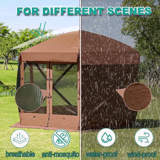 Pop Up Screen Tent, 12'x12' Windproof & UV Protection Sun Shelter, Portable Instant Setup, 6-Sided Screen Tent for Picnic, Camping, Backyard, Outdoor (Brown)