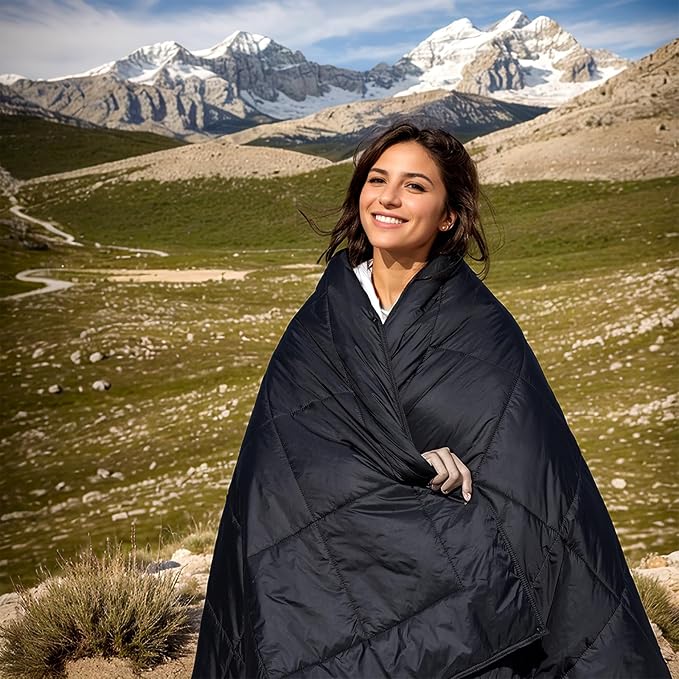 Outdoor Camping Blanket,Lightweight Waterproof Puffy Camping Blanket,Portable Camping Quilt for Travel, Picnic, Hiking,Camping (Black)