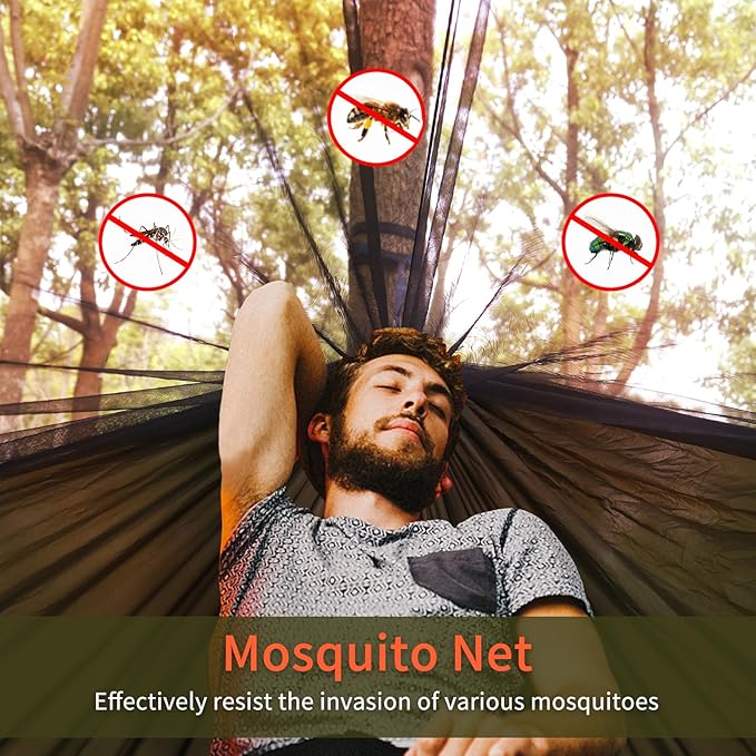 NewDoar Camping Hammock with Mosquito Net and Rain Fly Tarp,Portable Single Nylon Parachute Hammock Rainfly Set,Tree Straps Swing Hammock Bed for Outdoor Backpacking Backyard Hiking(ArmyGreen)