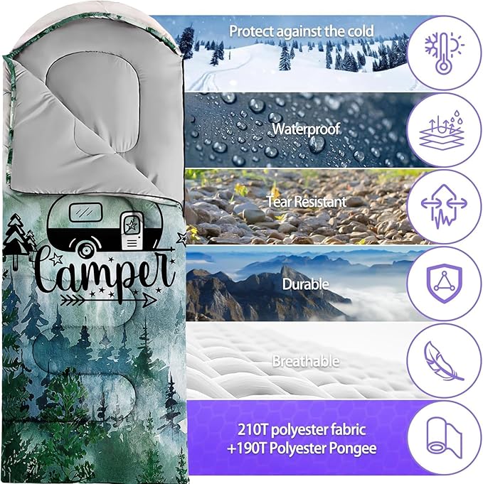 Sleeping Bags for Adults Youth Kids,3D Printing Camping Sleeping Bag for Girls Boys Lightweight Waterproof Cold/Warm Weather Sleeping Bag for 3 Seasons