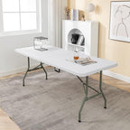 BTEXPERT Set of 2, Fold-in-Half Folding Utility Table 6 Feet 72"x 29.5" Lightweight Portable Carrying Handle Indoor Outdoor Picnic Camping Office Home Party Wedding Event Easy Clean Store Care White