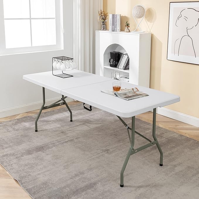 BTEXPERT Set of 10, Fold-in-Half Folding Utility Table 6 Feet 72" x 29.5" Lightweight Portable Carrying Handle Indoor Outdoor Picnic Camping Office Home Party Wedding Event White