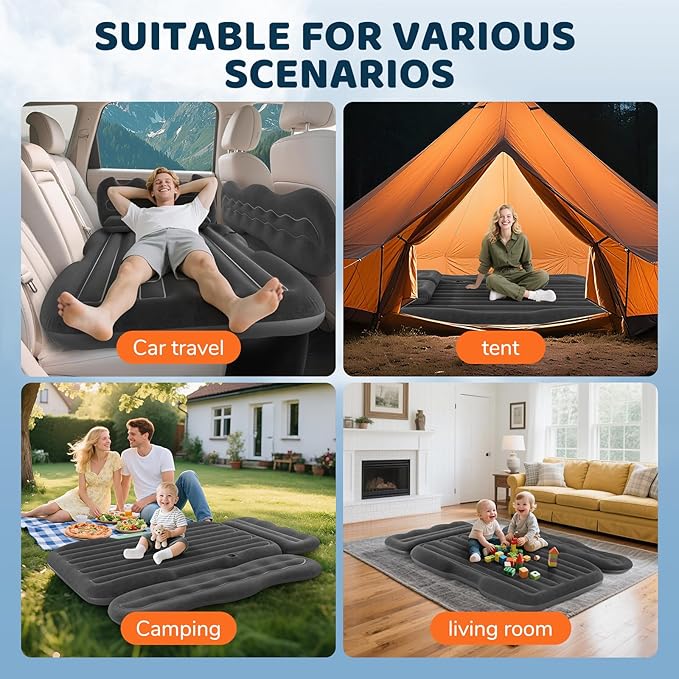 SUV Air Mattress Inflatable Travel Bed: Foldable - Portable Car Inflatable Bed Camping & Road Trips - Thickened Car Air Mattress for Back Seat with Carry Bag & Cup Holder & 2 Pillows