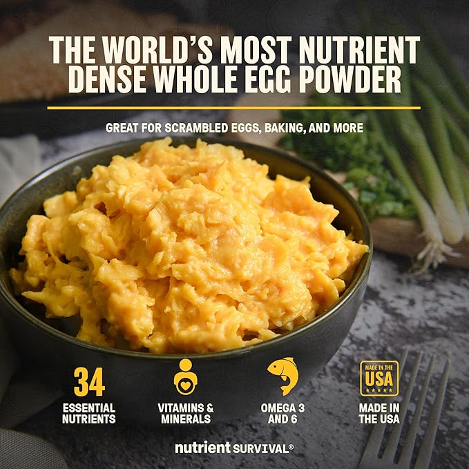 4 Cans, 70 Egg Equivalent per can - Nutrient Survival Vitamin Powdered Eggs Freeze Dried Prepper Supplies & Emergency Food Supply, 33 Essential Nutrients, Gluten Free, Shelf Stable Up to 25 Years