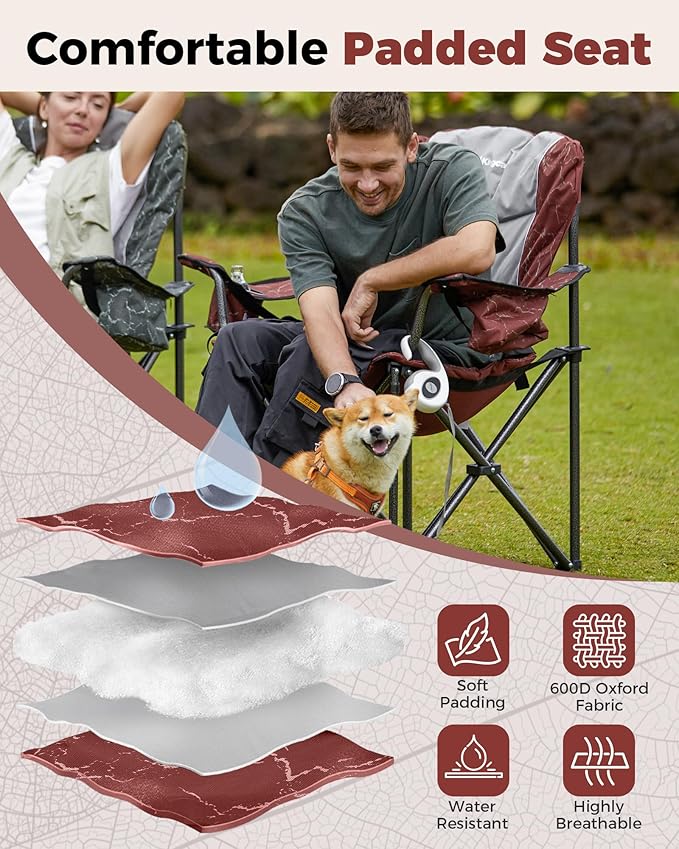 KingCamp Oversized Camping Folding Chair, Heavy Duty 450 LBS with Lumbar Support, Padded seat with Cup Holder&Cooler Bag, Ideal for Camp, Fishing, Sports Event, Backyard, Patio, Lawn