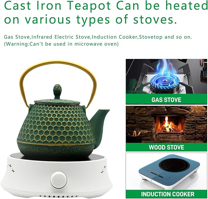 Cast Iron Tea Kettle Set, 33.8oz Hexagon Pattern Teapot Set with Cups and Cup Mats, Teapot Coated with Enameled Interior, Durable Cast Iron Teapot Set with Stainless Steel Infuser