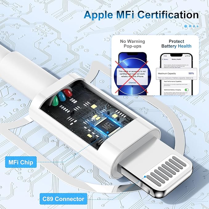 3 Pack Apple MFi Certified iPhone Charger Cable 6ft, Apple Lightning to USB Cable Cord 6 Foot, 2.4A Fast Charging,Apple Phone Long Chargers for iPhone 13/12/11/11 Pro/11 Max/X/XS/XR/XS Max/8/7/6/5S