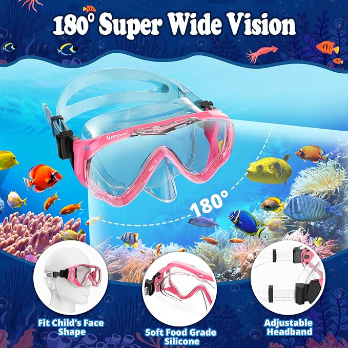 U PHITNIS Kids Snorkel Set for Age 4-14 - Dry Top Snorkeling Gear for Kids Junior & Youth - Childs Diving Mask with Big Eyes for Boys Girls - Anti-Fog Snorkeling Mask and Snorkel Set