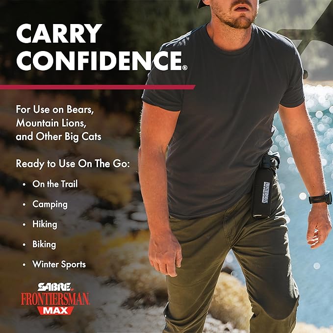 SABRE Frontiersman MAX Bear Spray – 40 ft Range, Maximum Strength, The Only EPA-Registered Spray for Bears & Mountain Lions, 7.9 oz, Glow Safety Clip, Outdoor Hiking & Camping Protection