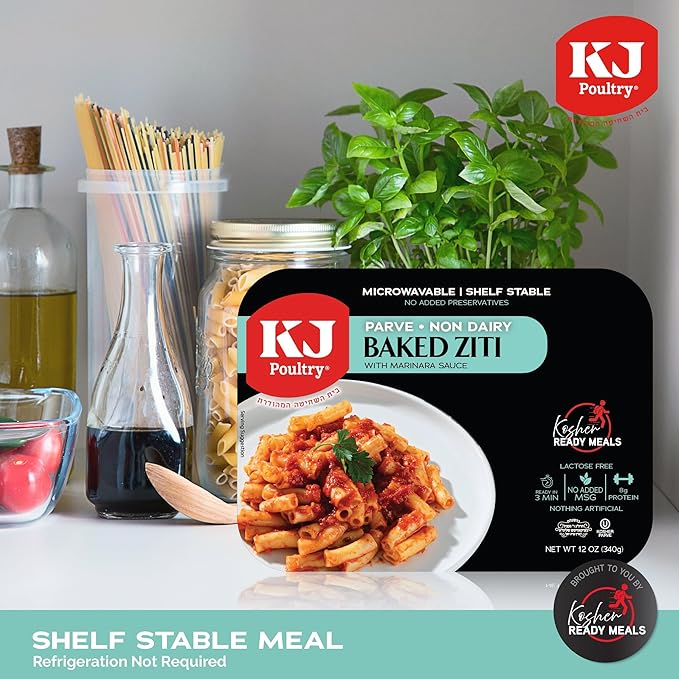 KJ Poultry Kosher Parve Ready Meals - Baked Ziti, MRE Meals Ready to Eat, Halal, (3 Pack) Prepared Entree Fully Cooked, Shelf Stable Microwave Dinner Travel, Military, Camping, Emergency Survival