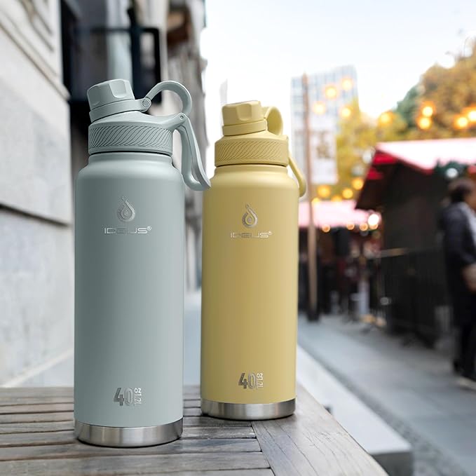 IDEUS Insulated Stainless Steel Water Bottle with 2 Leak-Proof Lids, Thermal Water Flask for Hiking Biking, 40oz, Light Blue
