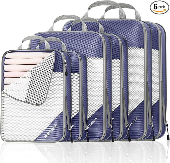 Compression Packing Cubes 6 Set, Compressible Space-Saving Packing Cubes for Travel - Compression Bags, Luggage Organizer, Travel Essentials for Women, Bluish Purple