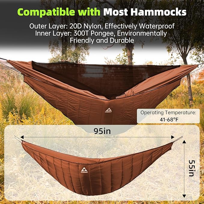 Hammock Underquilt for Camping Hammock - Brown - Full Length Camping Quilt for Lightweight Soft Warm 3-4 Seasons 41-68°F, for Hiking Backpacking Traveling Beach (Hold Up to 500lbs)