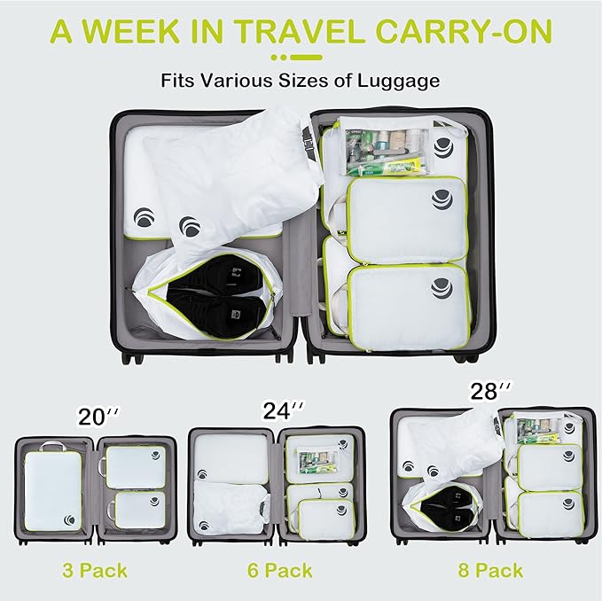 Cipway Compression Packing Cubes, Lightweight Travel Luggage Organizers with Shoe Bag, Toiletry Bag & Laundry Bag, Travel Essentials for Carry on Suitcase (8 Piece,White)