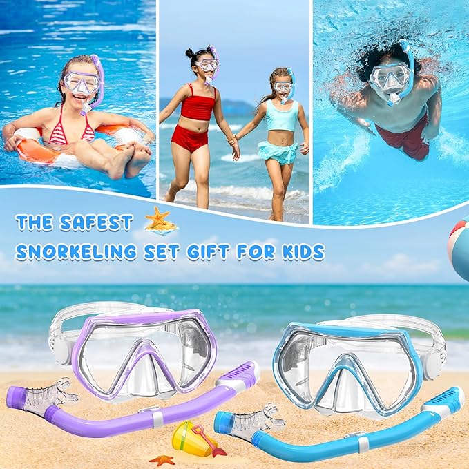 Snorkeling Gear for Kids, Kids Snorkel Set for Ages 6-14, Dry Top Snorkel, Mask Set Kid Swimming Goggles Diving Mask Combo Set Anti-Fog Panoramic View Scuba Packages