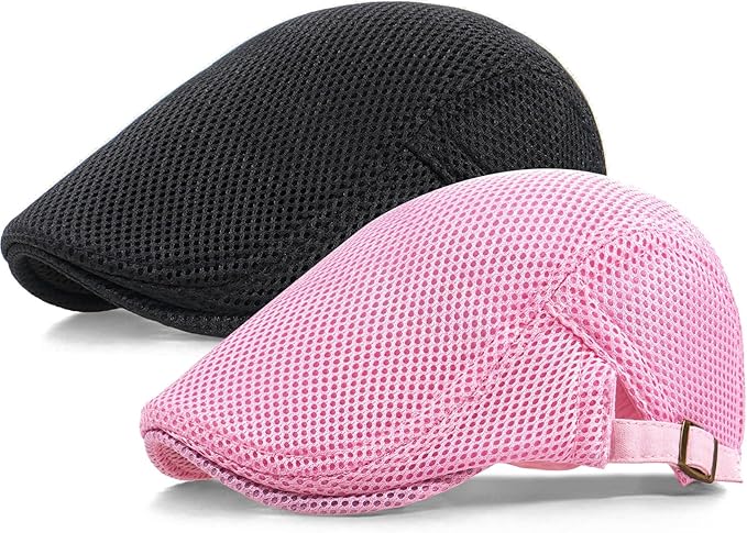 2 Pack Men's Mesh Cap Breathable Summer Newsboy Hat Adjustable Beret Ivy Cap Irish Cabbie Driving Hunting Hats