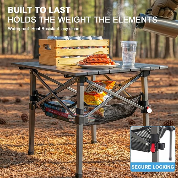 Folding Camping Table, Portable Lightweight Beach Tables for Sand Foldable, Aluminum Roll-up Folding Square Table for Outdoor Camping, Picnic, Card, Travel (Black with Storage Basket)