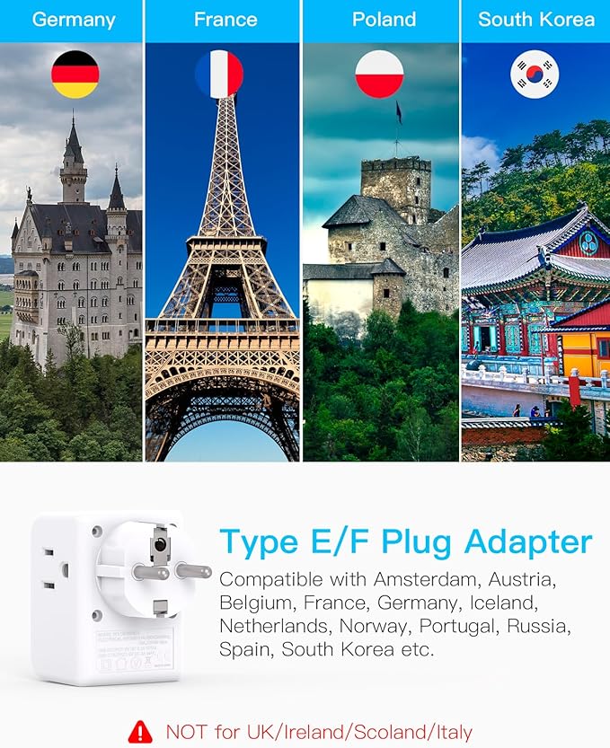 2 Pack Germany France Travel Plug Adapter, Type E/F Power Plug Adapter with 3 Outlets 4 USB Charging Ports(2 USB C), Travel Essentials US to Europe France Germany South Korea Netherlands Spain