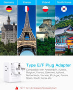 2 Pack Germany France Travel Plug Adapter, Type E/F Power Plug Adapter with 3 Outlets 4 USB Charging Ports(2 USB C), Travel Essentials US to Europe France Germany South Korea Netherlands Spain