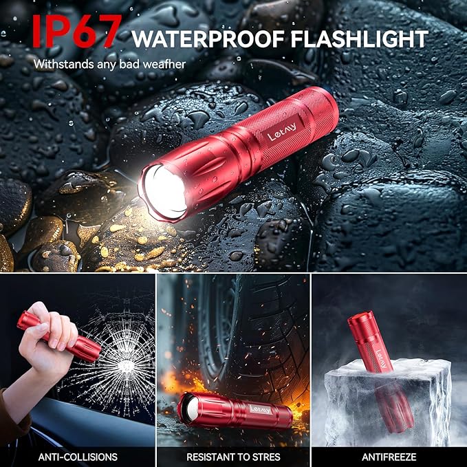 LETMY Tactical Flashlight - 2 Pack Bright Military Grade Flashlights High Lumens - Portable Handheld Flash Light, 5 Modes Zoomable Waterproof Flashlights for Home Emergency Camping- Red