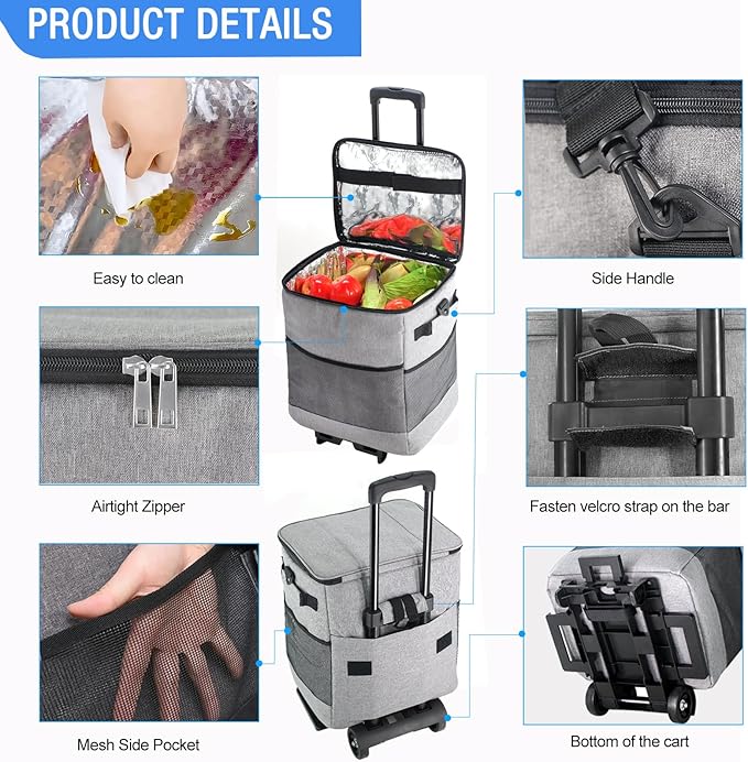 Collapsible Large Rolling Cooler 60-Can/40L,3-in-1 Insulated Soft Cooler Bag,Adjustable Wheels&Handle, Rolling Cooler Cart for Beach Camping Travel Outdoor Hot Takeout Orders