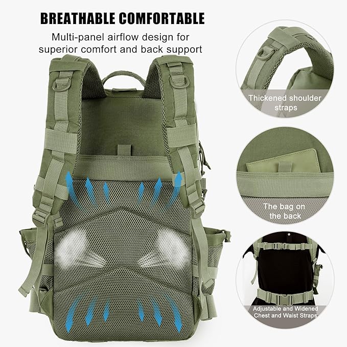 Military Tactical Backpack 25L Day Backpack for Men Molle Army 3 Days Assault Pack Bug Out Bag Water Resistant and Heavy Duty Hiking Treeking Rucksack - Dark Green