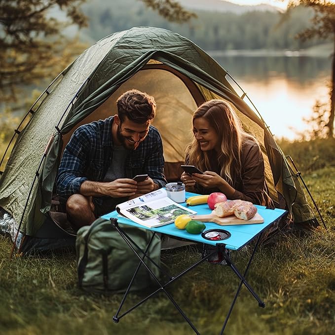 VILLEY Folding Camping Table, Lightweight Portable Beach Table with 2 Cup Holders & Carry Bag for Camping, Beach, Fishing, Travel, and Outdoor Activities (Large)