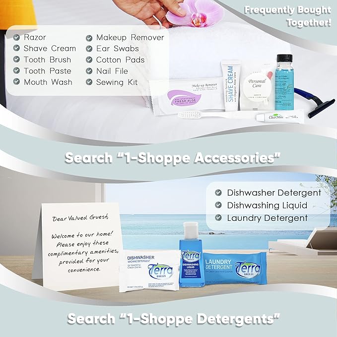 Terra Pure White Tea & Coconut Toiletries Set | 1-Shoppe Amenities Kit | 1oz Shampoo & Conditioner, Body Wash, Lotion, 1.25oz Bar Soap | Travel Size | 300 Pieces