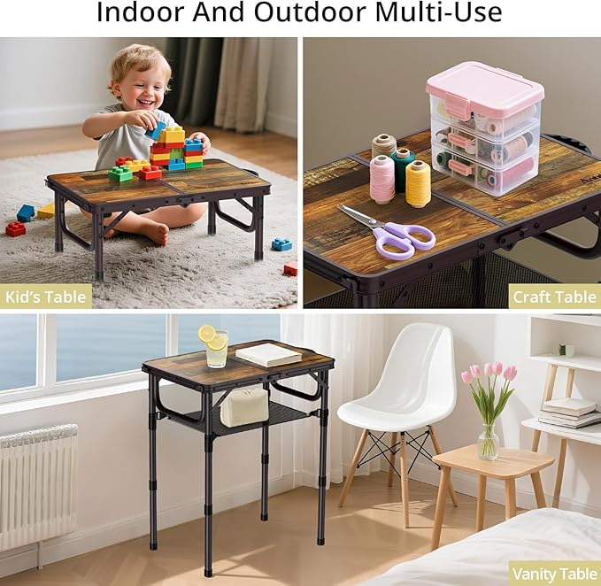 2ft Camping Table Foldable with Storage Net, 3 Adjustable Heights 27.5" Aluminum Small Portable Table with Carrying Handle, for Outdoor Indoor Picnic Beach Party Travel, 24" X 16", Brown