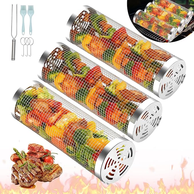ZORMY 3pcs Rolling Grill Baskets, Grill Veggie Basket, BBQ Baskets for Grilling, Round Stainless Steel Grill Baskets for Outdoor Grill, Camping basket for Vegetables, Birthday Gifts for Men