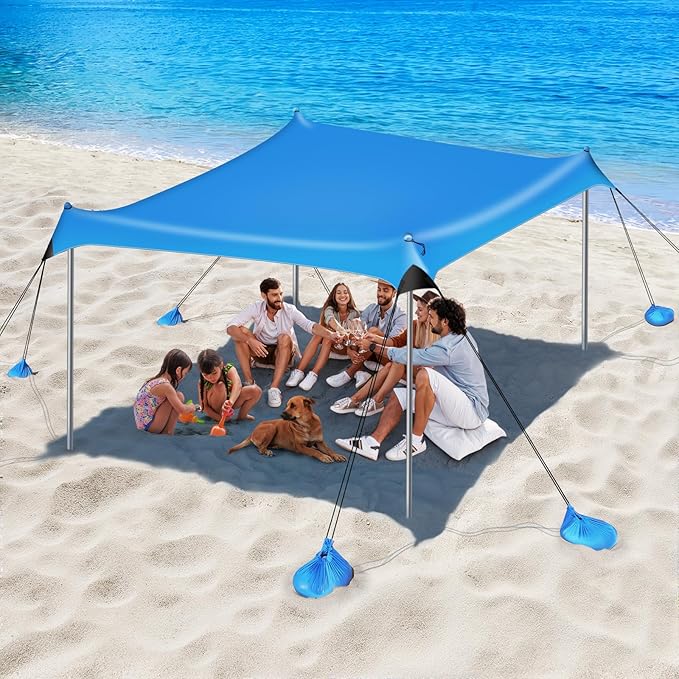 Beach Tent Sun Shelter, 10 x 10 FT Beach Canopy Tent Sun Shade, UPF50+ Tents Canopy with 8 Sandbags & 4 Stability Poles, Outdoor Tents for Camping Fishing, Sky Blue